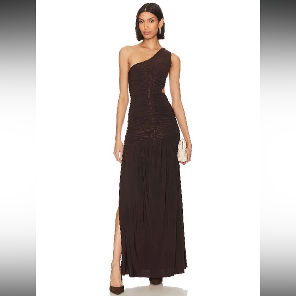 NWT $521 Misa Los Angeles Elegant One-Shoulder Brown Dress Size Small